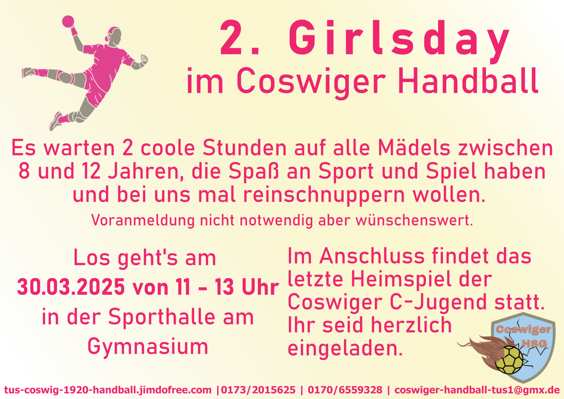 Ankündigung für den 2. Girlsday im Coswiger Handball am 30.03.2025 für Mädchen von 8-12 Jahren in der Sporthalle am Gymnasium.