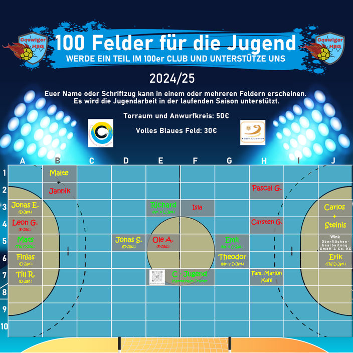 Grafische Darstellung einer Handballfeld-Hälfte mit einem Raster von Feldern, die teilweise mit Namen versehen sind. Oben steht der Schriftzug "100 Felder für die Jugend" und "Werde ein Teil im 100er Club und unterstütze uns" mit dem Logo der HSG Coswig.